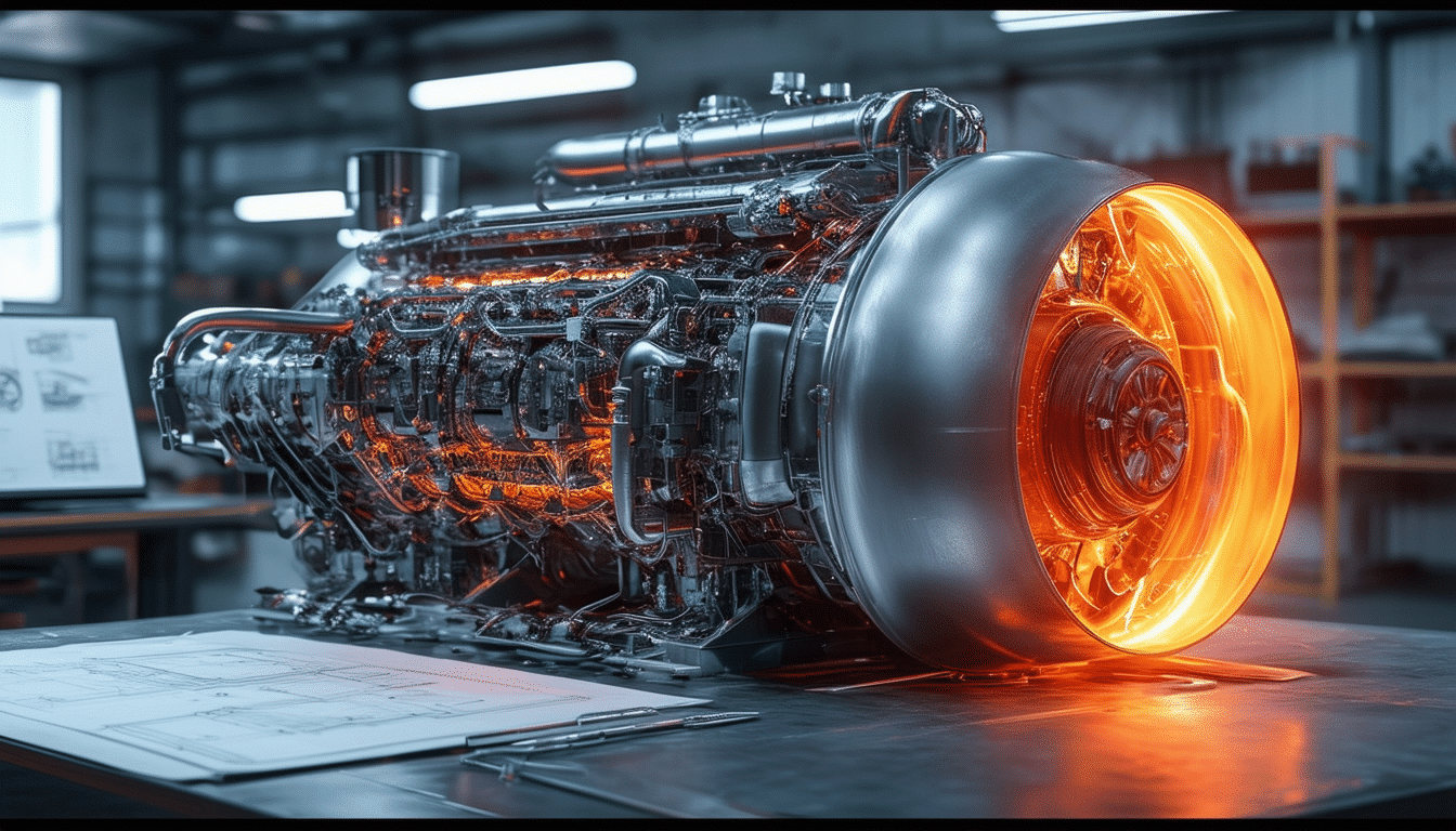 Motor industrial caliente con brillos anaranjados